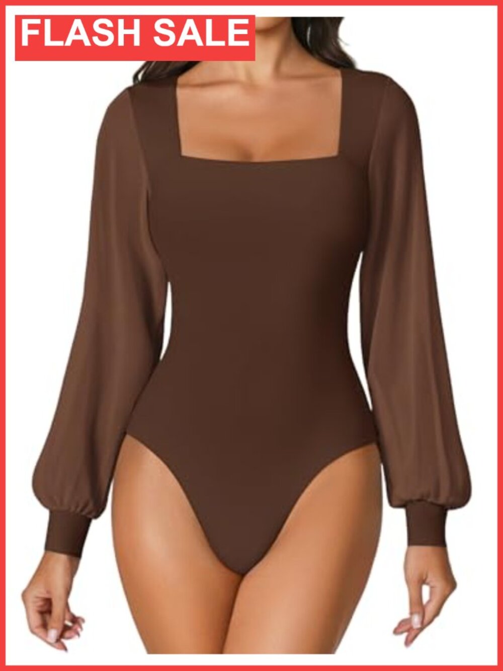 Puff Sleeve Mesh Bodysuit Square Neck Thong Double Lined Leotard